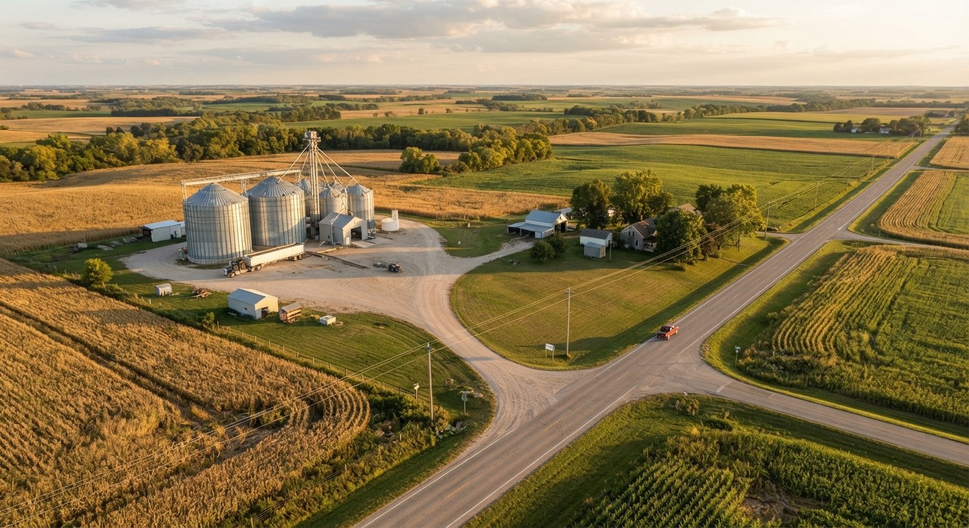Grain silos and a road through farmland